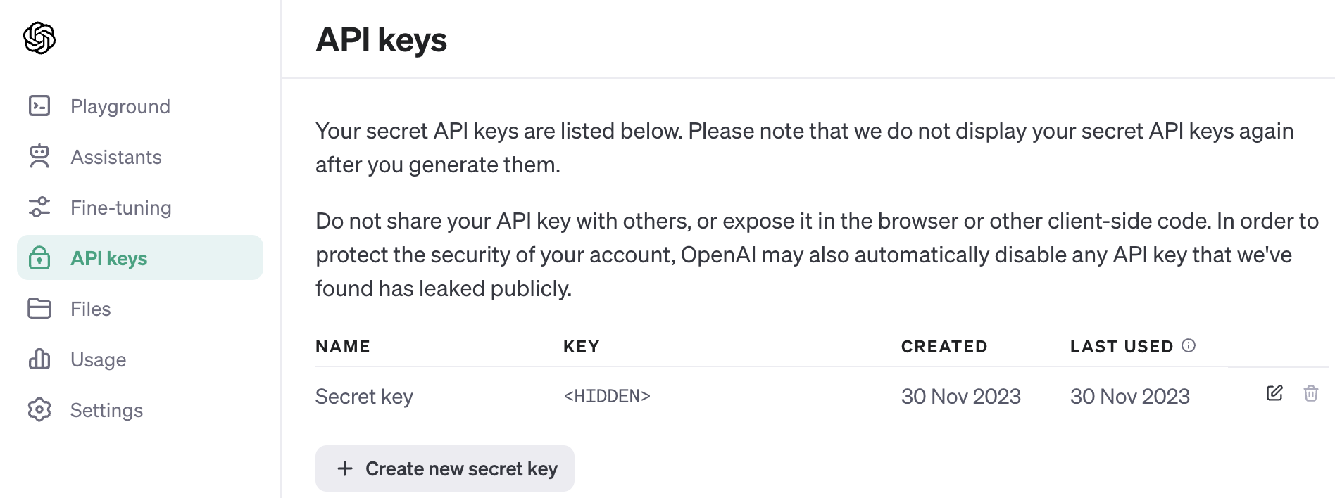 API Keys page in OpenAI's User Settings